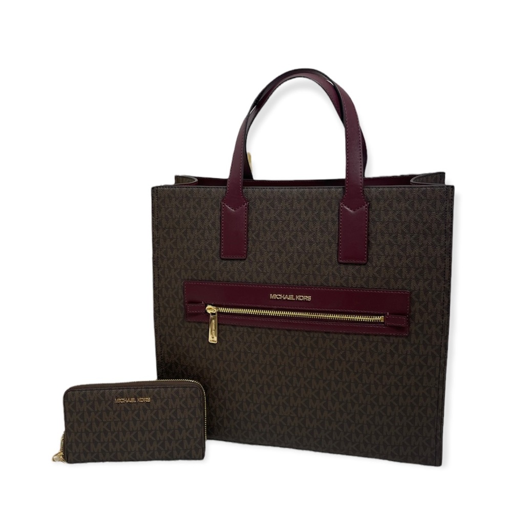 Michael Kors Set Duo Tote Bag & Wallet MK logo print brown & wine leather